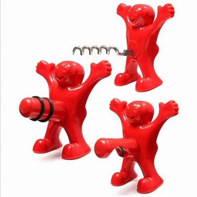 2018 hot sale 3 pcs red Man Bottle Stopper, Corkscrew and Bottle Opener