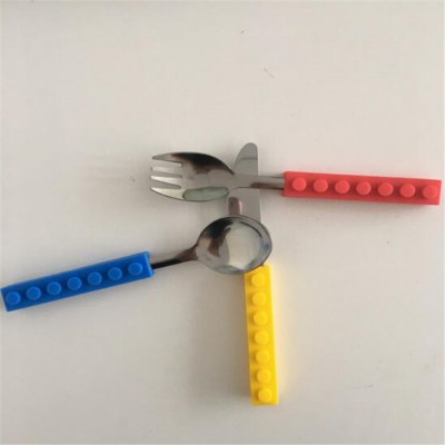 3pcs food glade silicone block DIY handle with stainless steel baby utensils spoon knife and fork